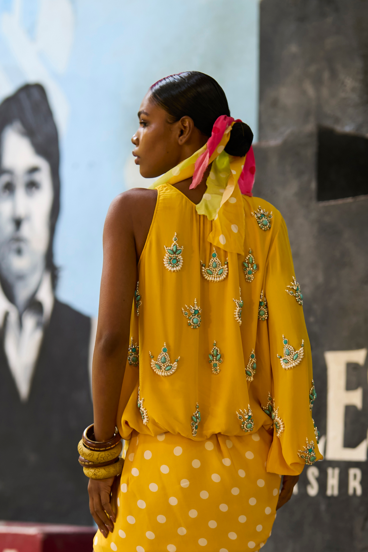Yellow One-Sleeve Embroidered Top