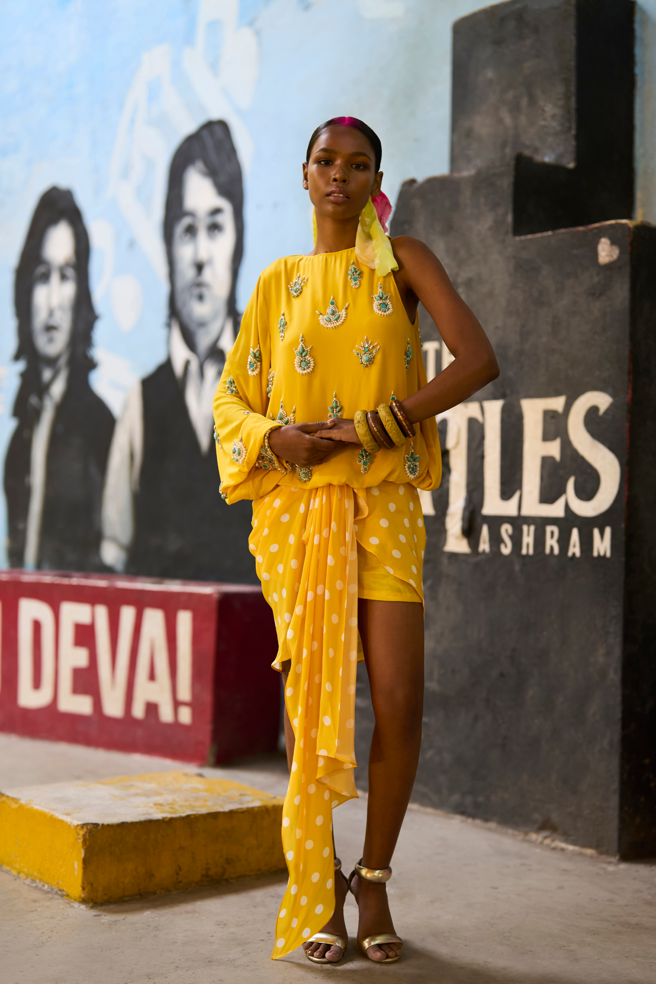 Yellow Polka Dot Draped Dhoti Skirt