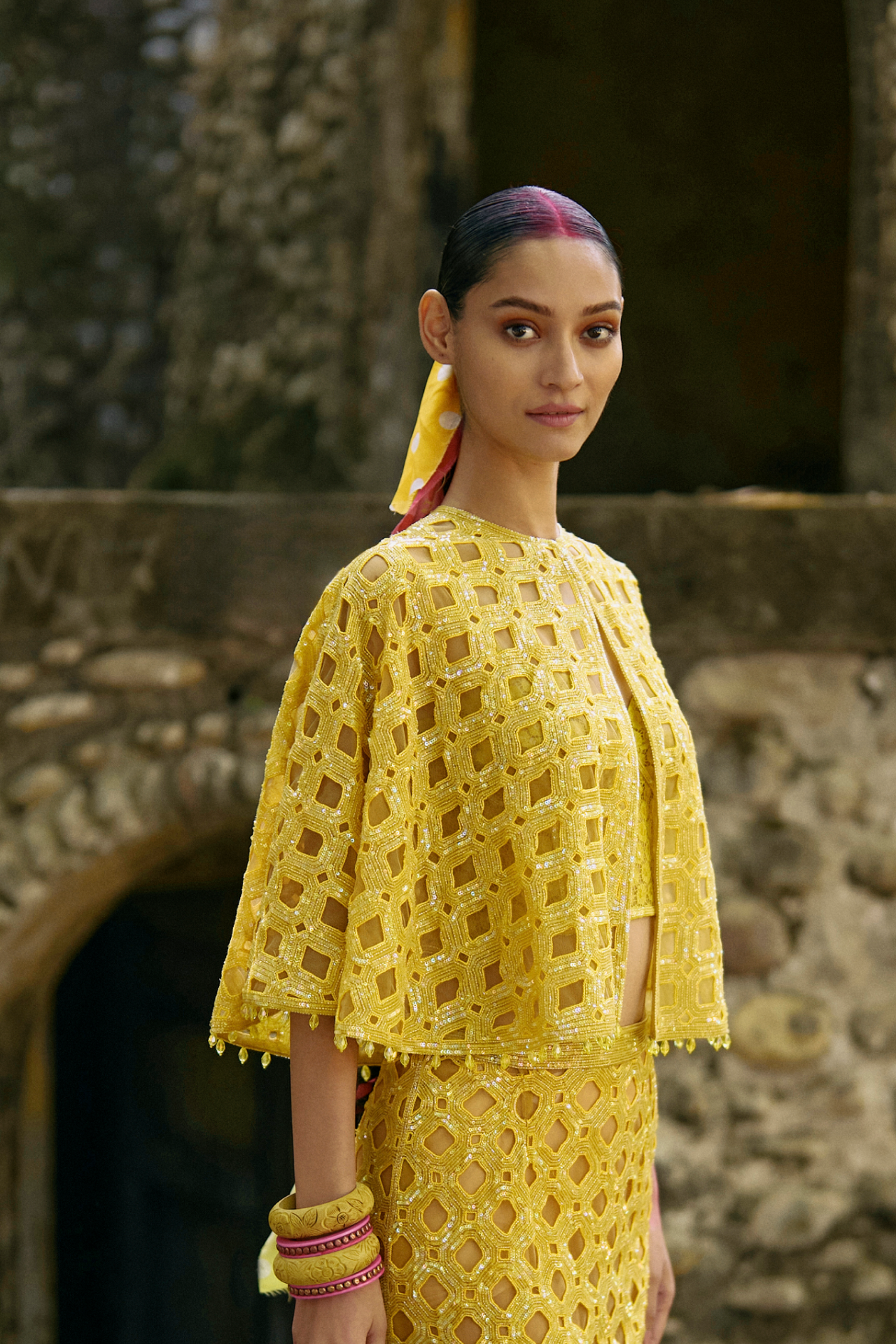 Yellow Short Cape With Cutwork Embroidery