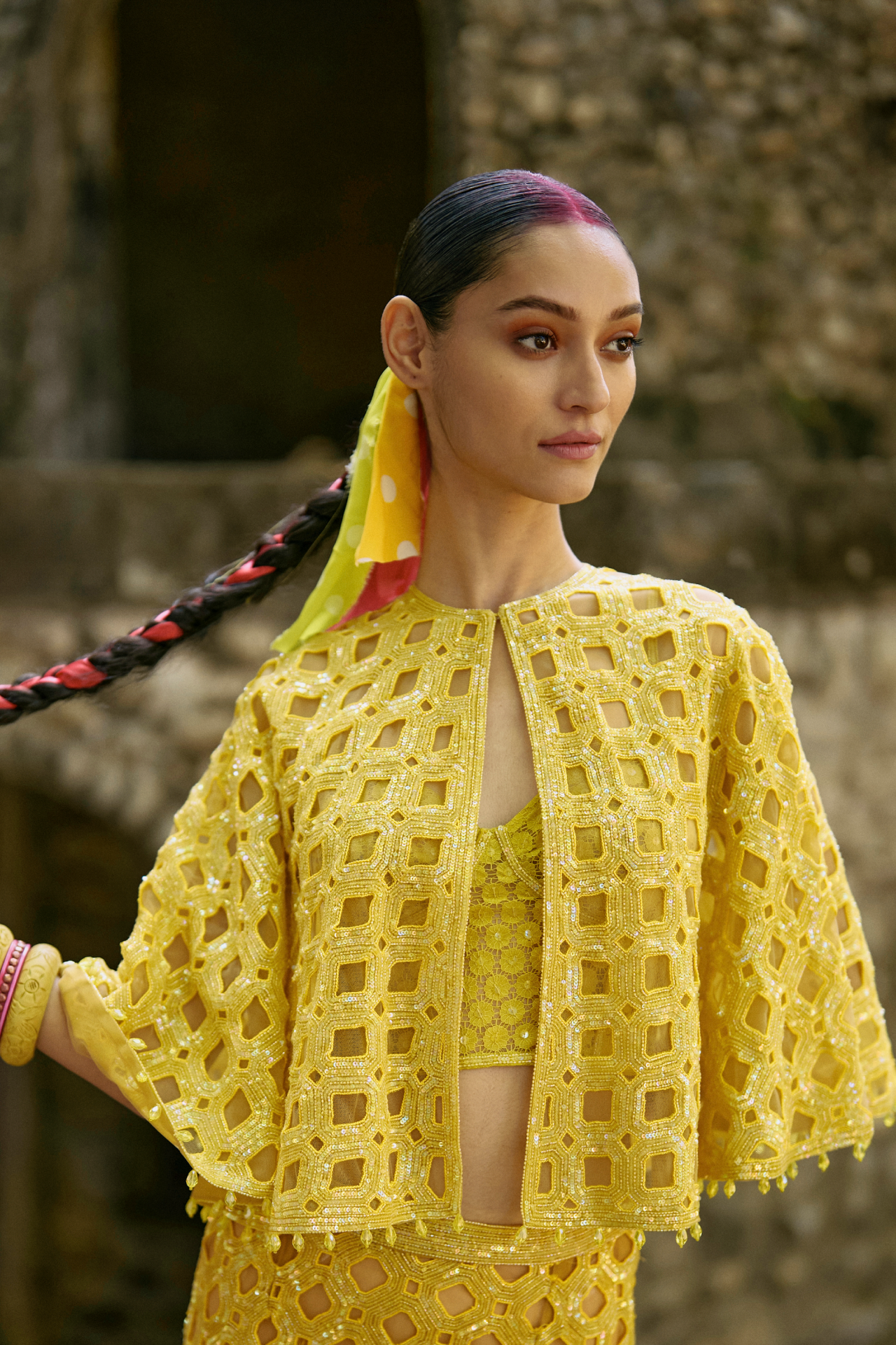 Yellow Short Cape With Cutwork Embroidery