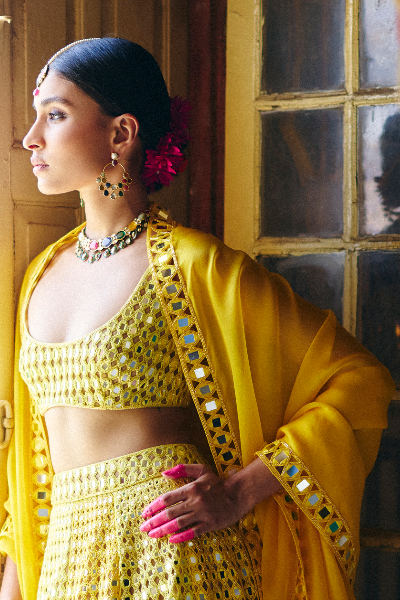 Yellow Choli With Mirror Embroidery