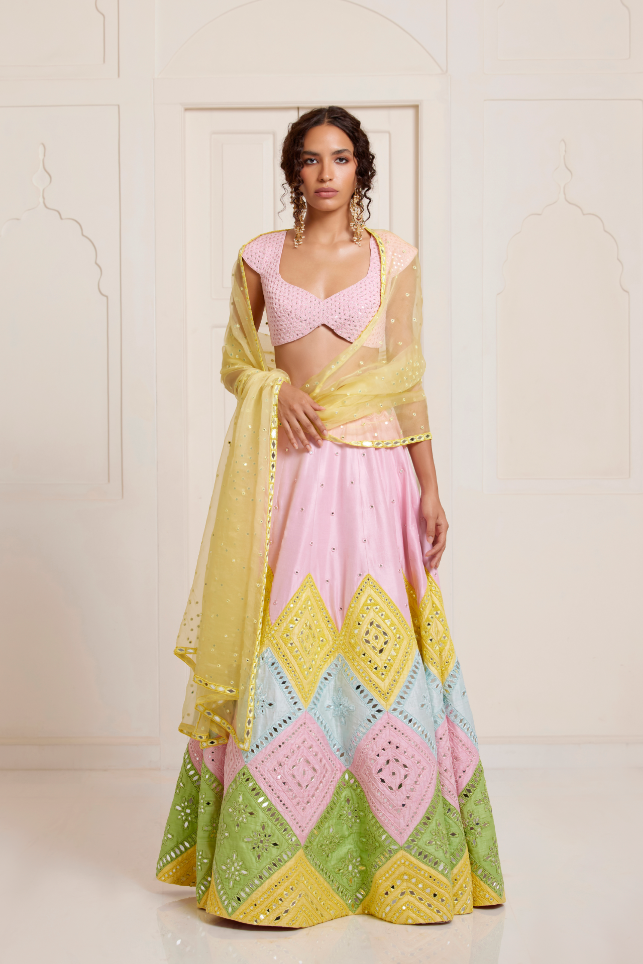 Yellow Organza Dupatta With Mirror