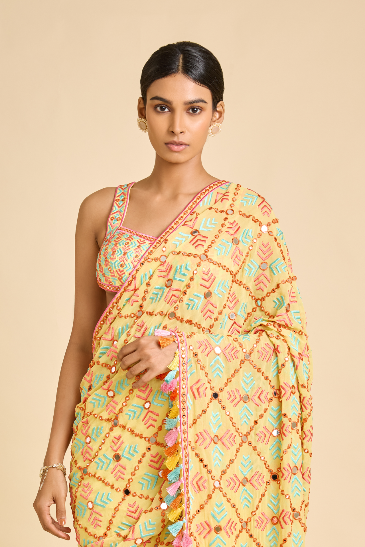 Yellow Sleeveless Embroidered Blouse