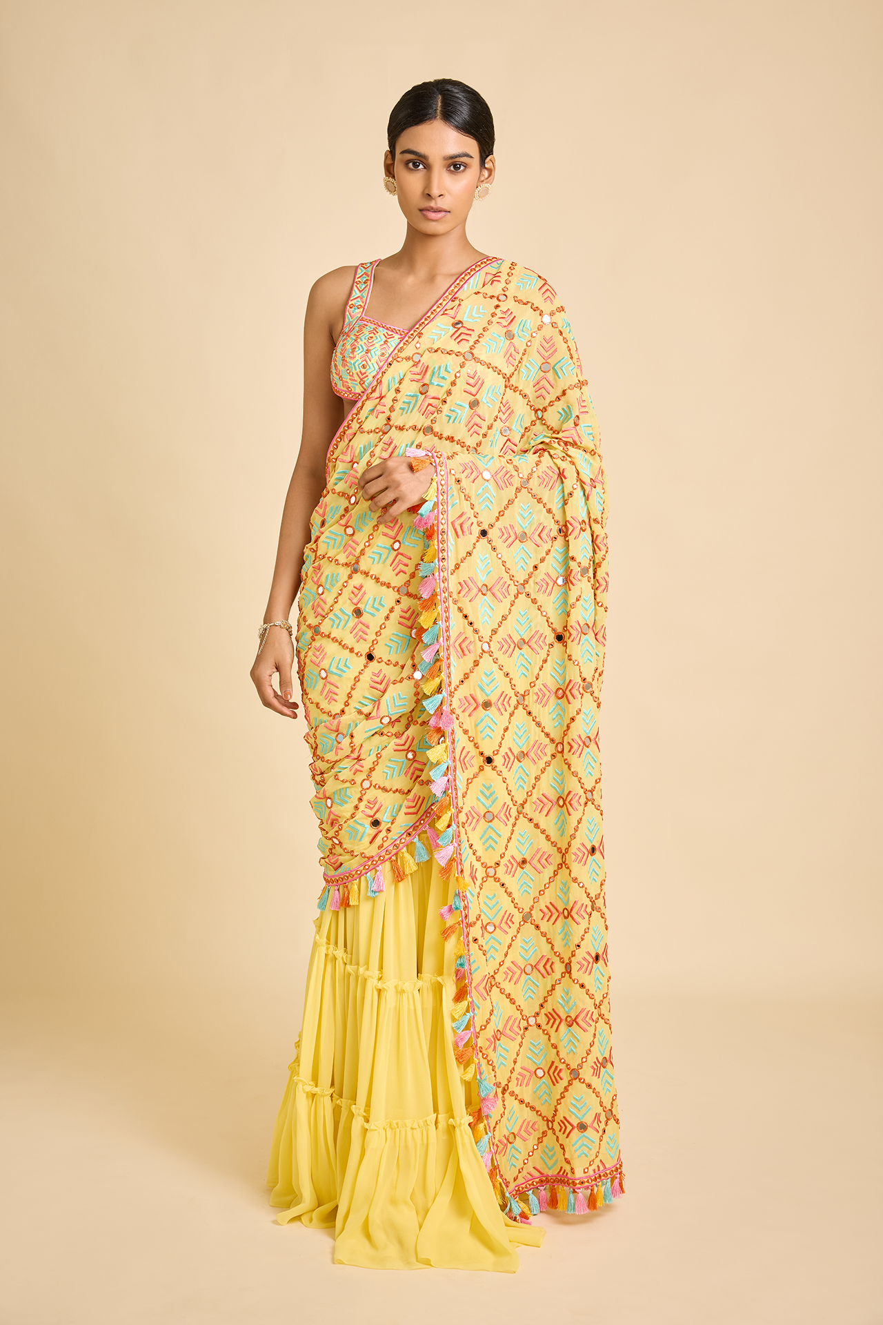 Yellow Stitched Saree With Heavy Embroidered Pallu