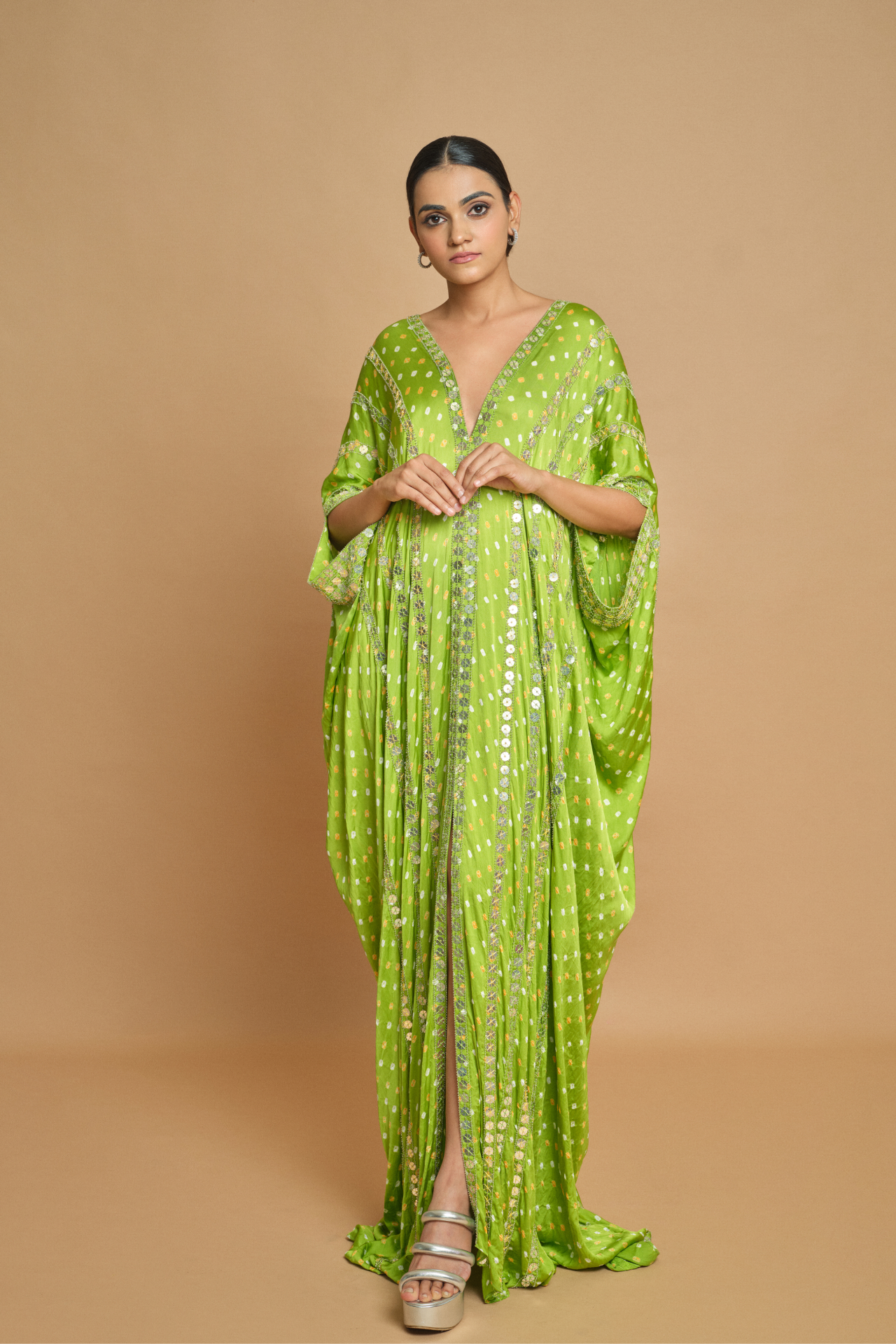 Green Bandhani Long Kaftan