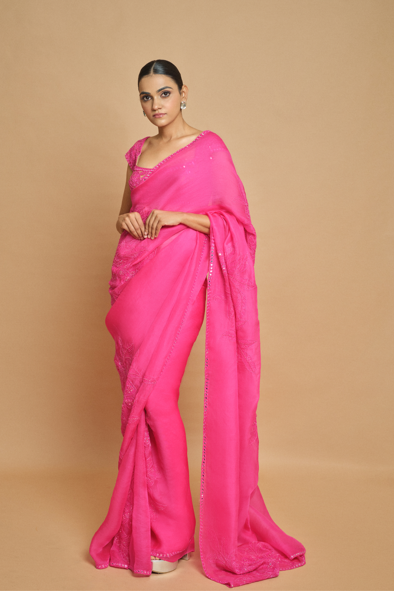 Pink Organza Saree With Buttis