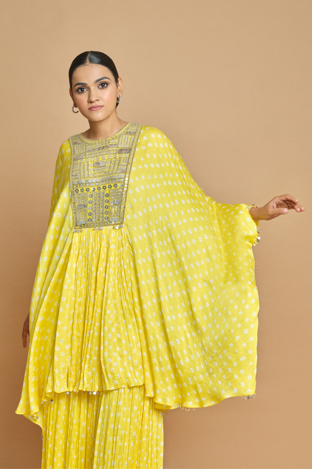 Yellow Bandhani Kaftan With Yoke