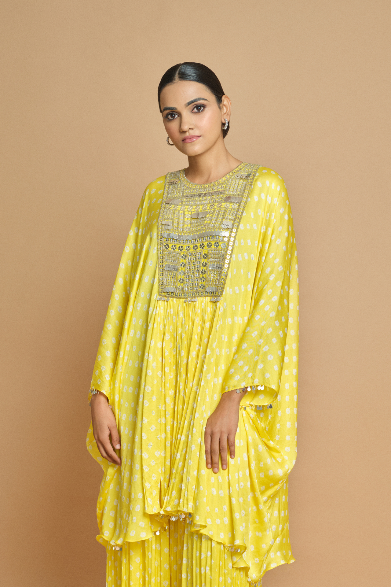 Yellow Bandhani Kaftan With Yoke