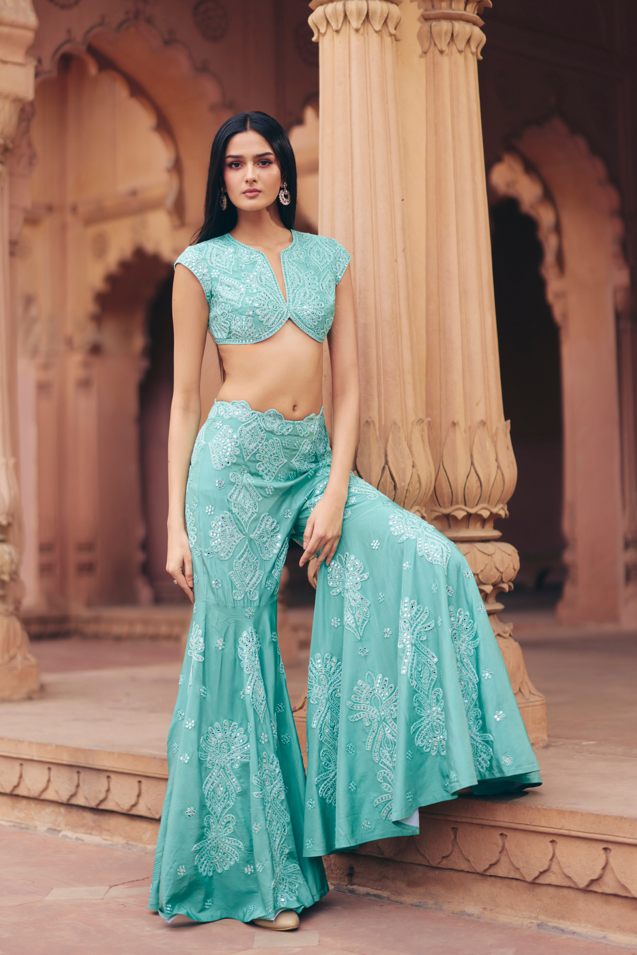 Aqua green mirror-embroidered cap-sleeve blouse with a flared sharara