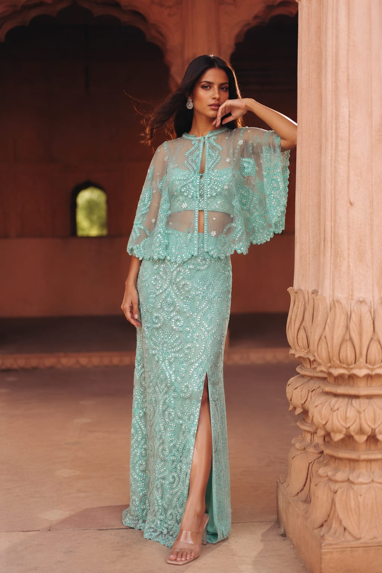 Aqua green mirror embroidered blouse with a cape and skirt