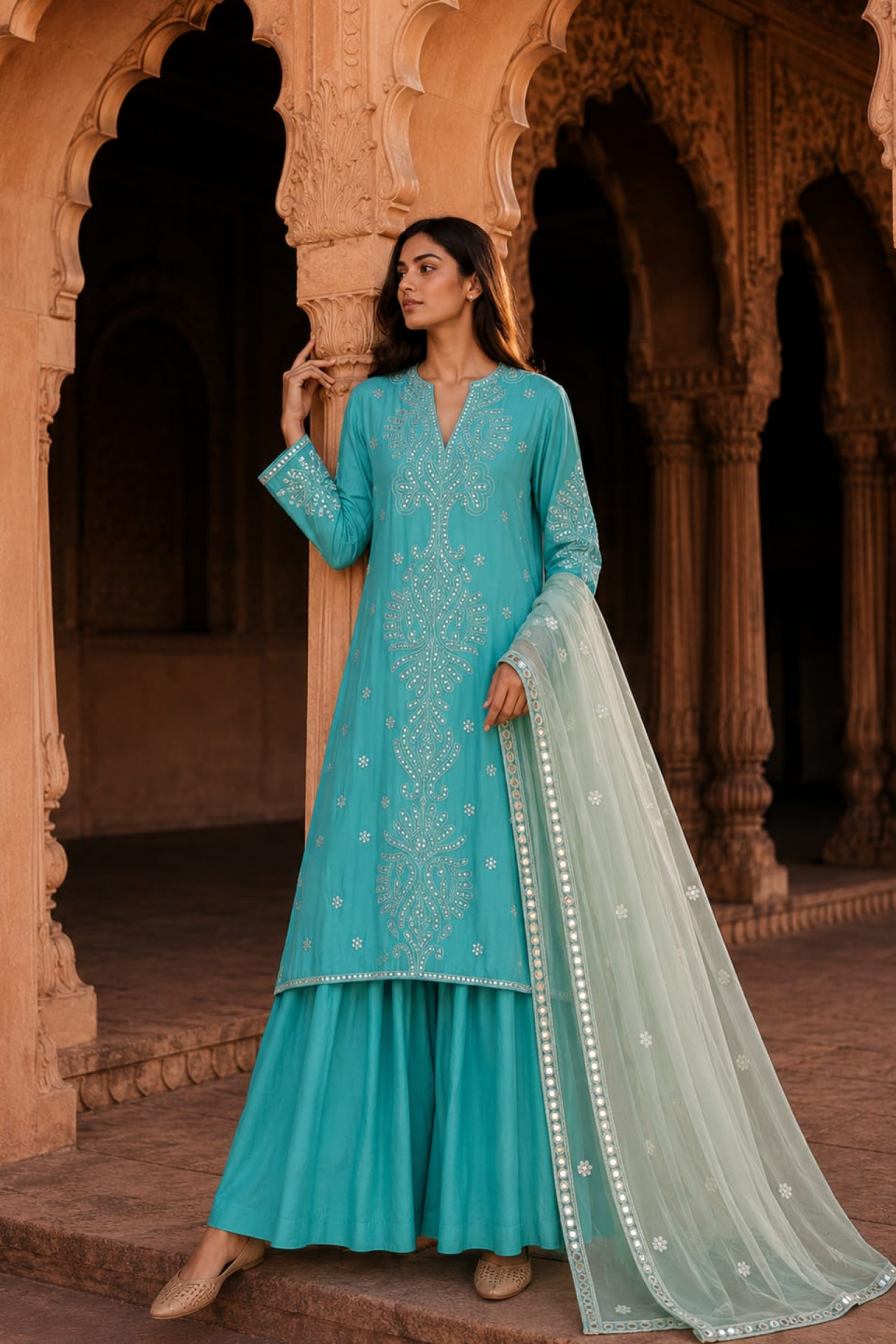 Aqua green mirror embroidered kurta with flare pants and dupatta
