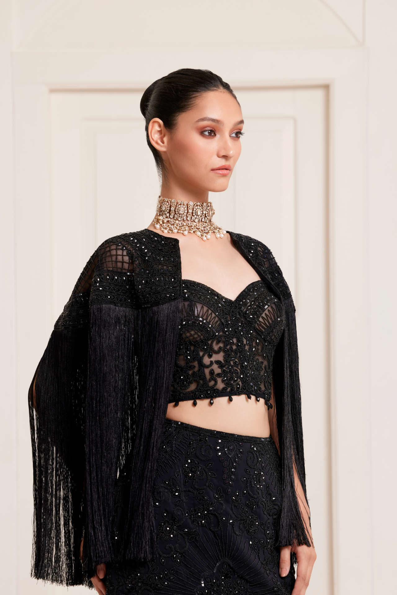 Black Embellished Fringe Cape