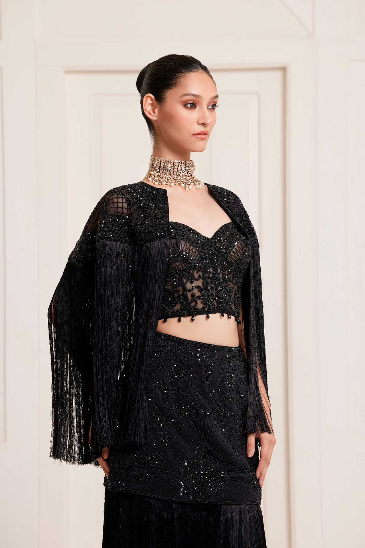 Black Embellished Mini Skirt With Fringes