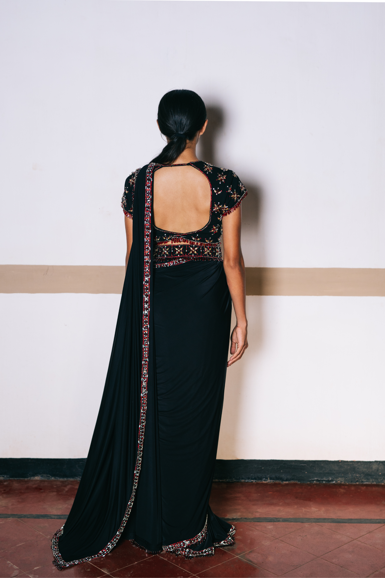 Black Lycra Saree with Ruby Embroidery Border