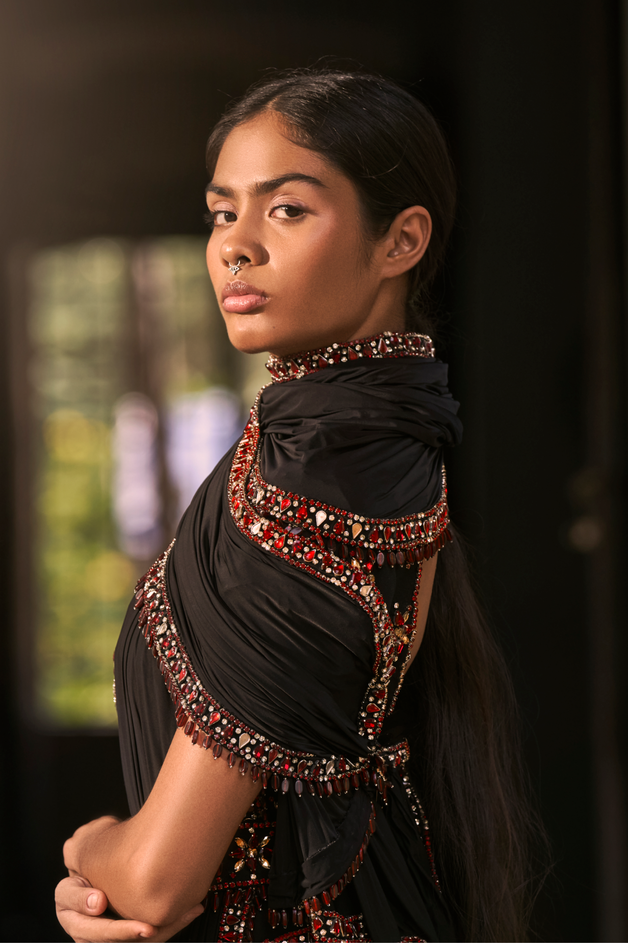 Black Scuba Georgette Cap Sleeves Blouse With Ruby Embroidered Motifs