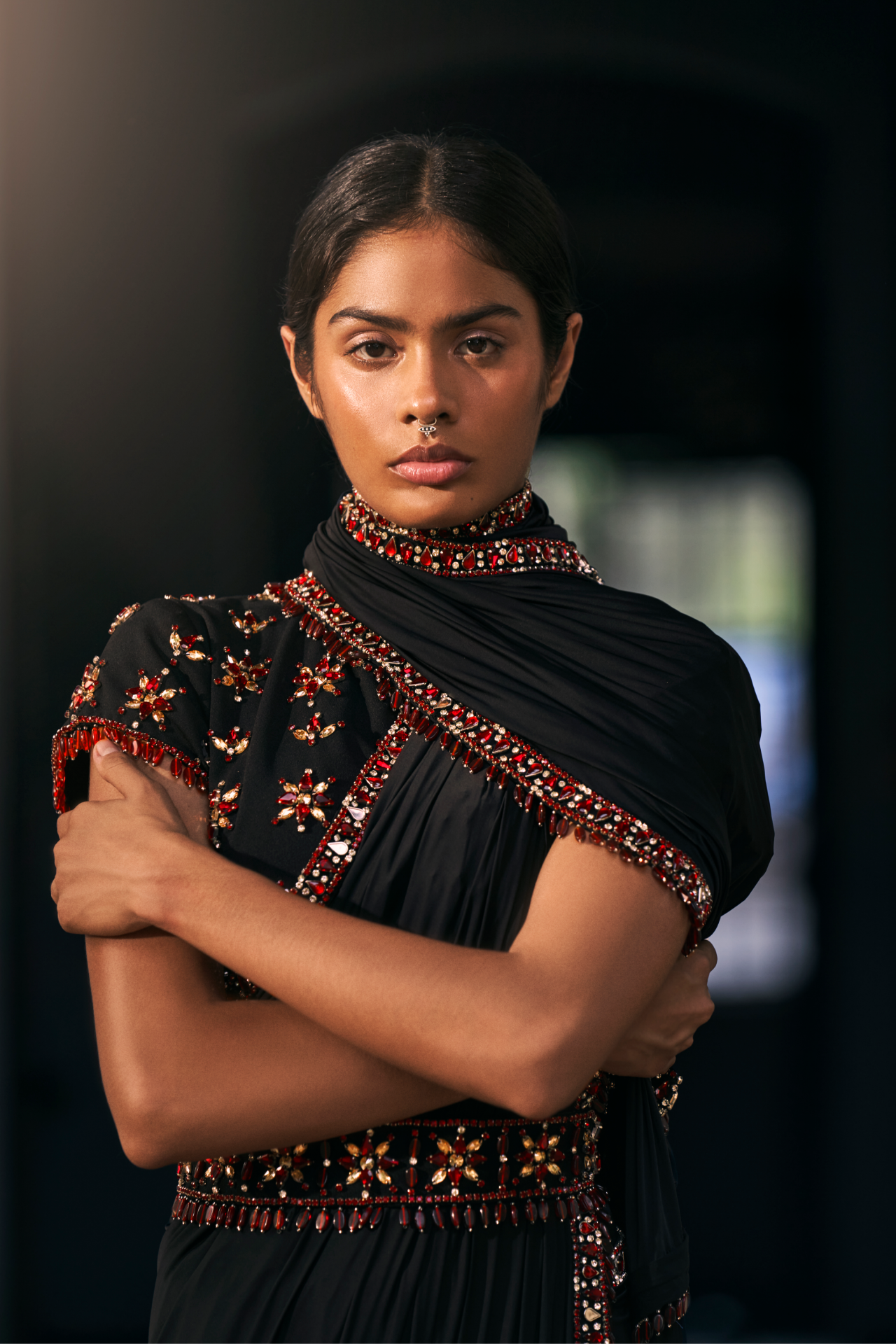 Black Scuba Georgette Cap Sleeves Blouse With Ruby Embroidered Motifs