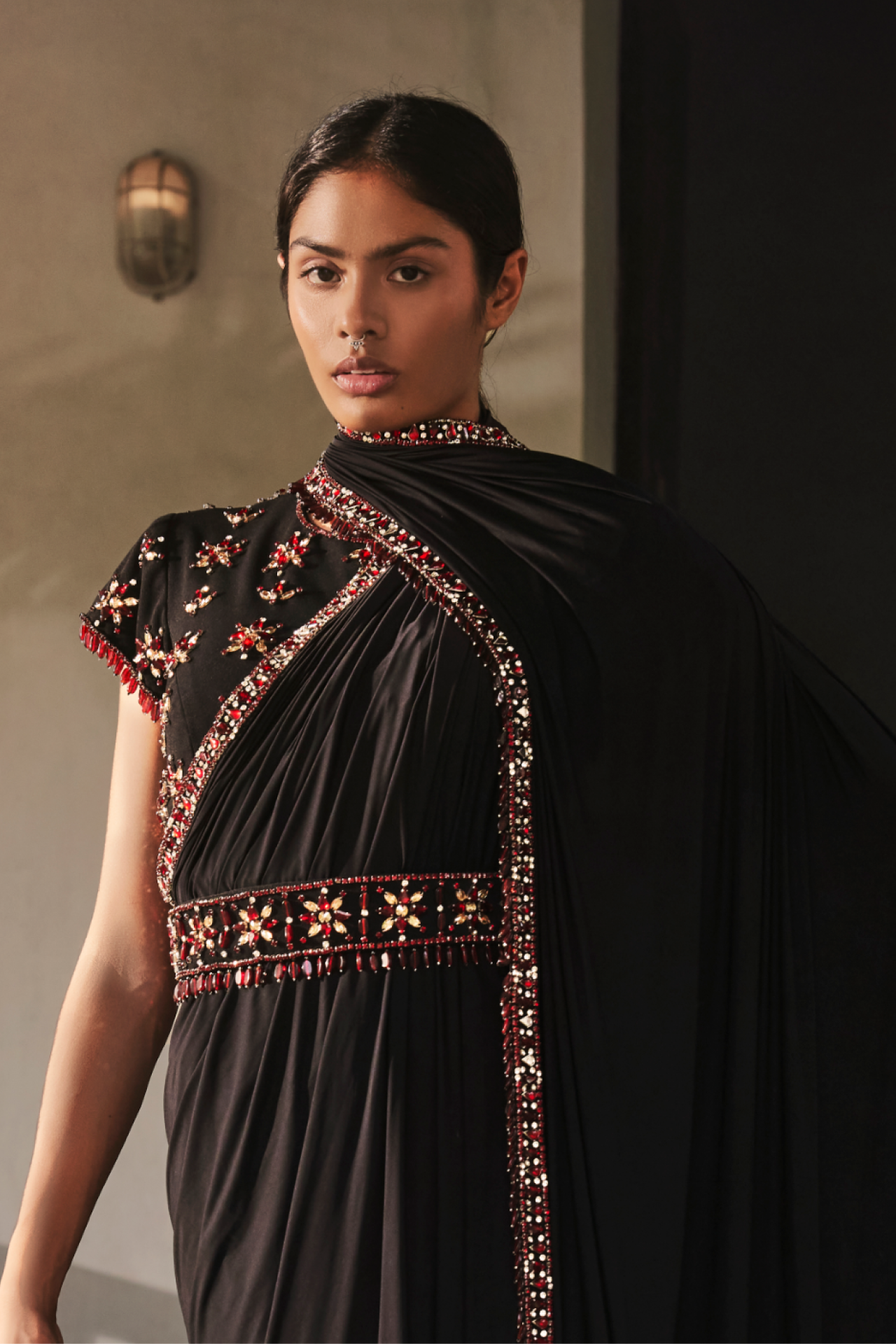 Black Scuba Georgette Cap Sleeves Blouse With Ruby Embroidered Motifs