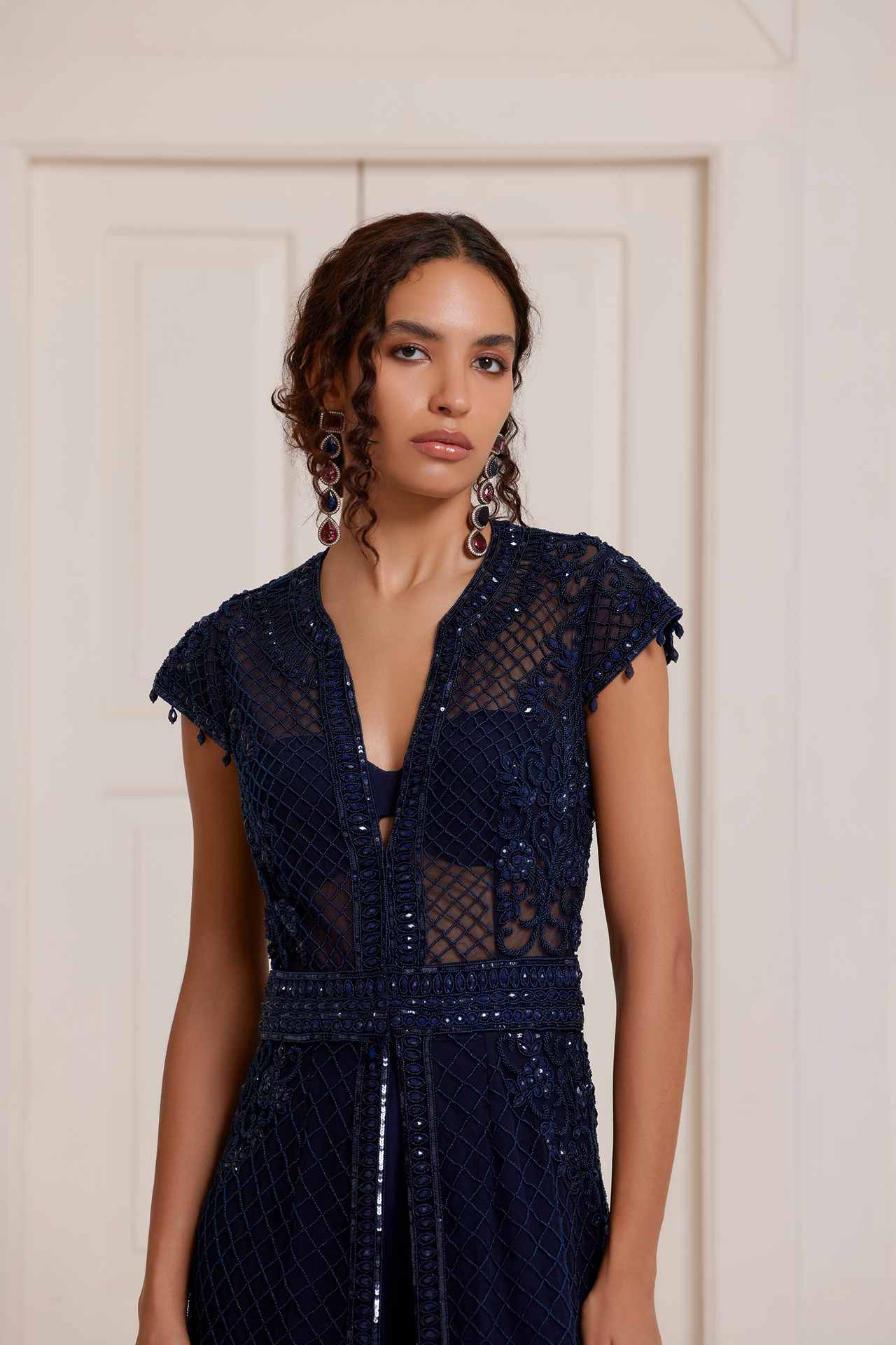 Blue Long Embellished Kurta With Front Slit