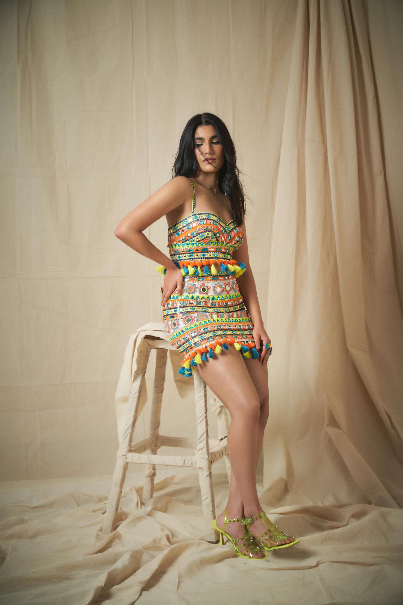 Ivory Multicoloured Mirror Work Short Skirt
