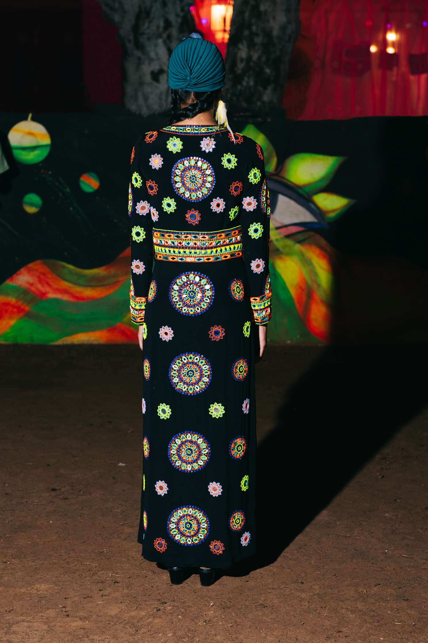 Black Long Dress with Multicoloured Mirror Work Embroidery