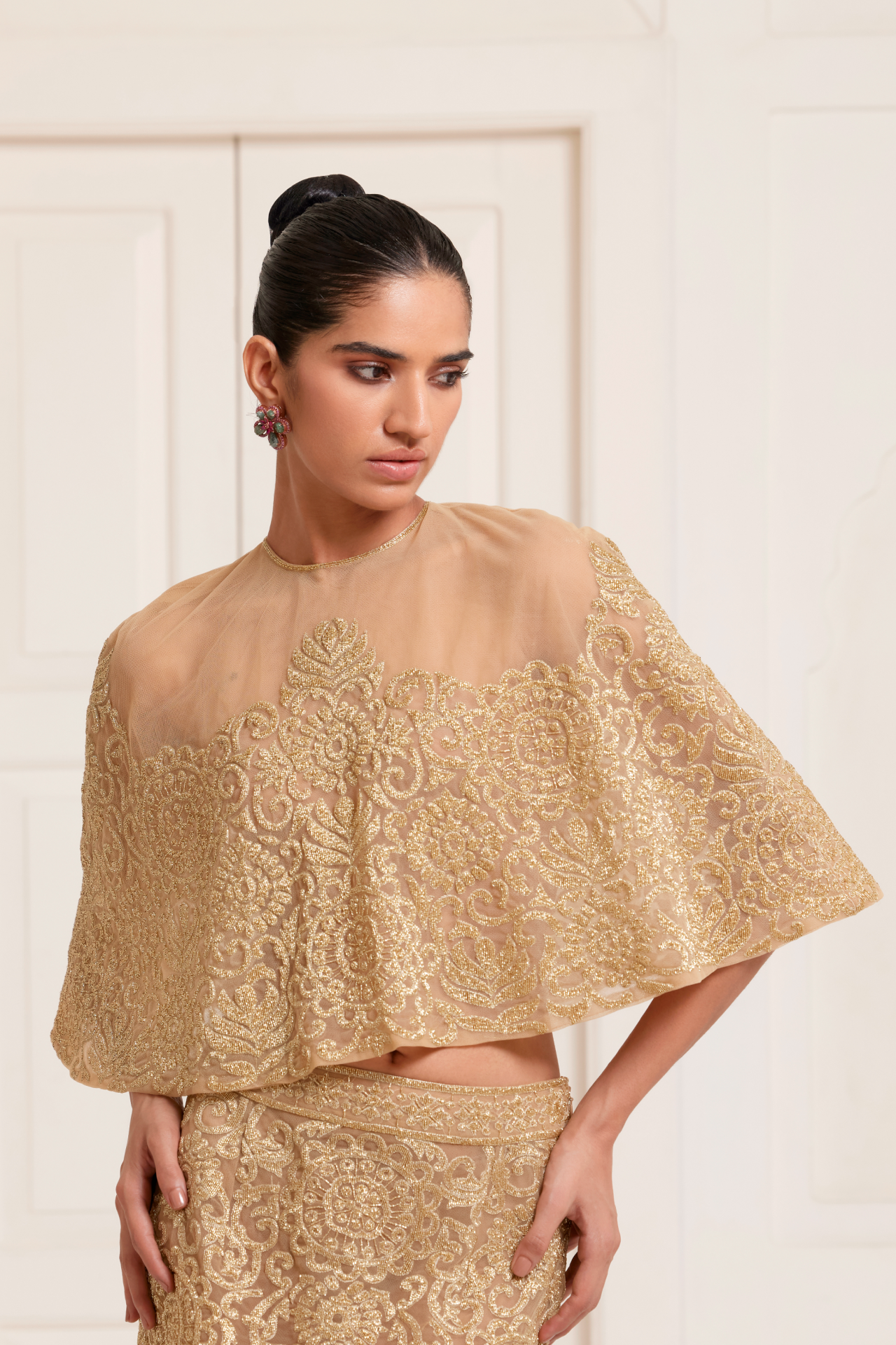 Gold cutbead embroidered crop top and long straight skirt