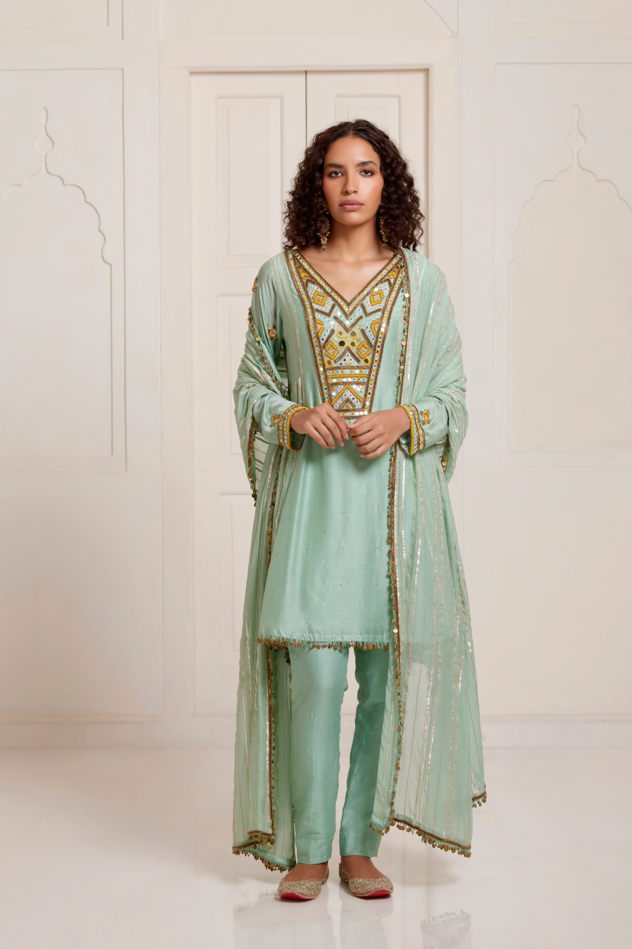 Green Embroidered Yoke Kurta