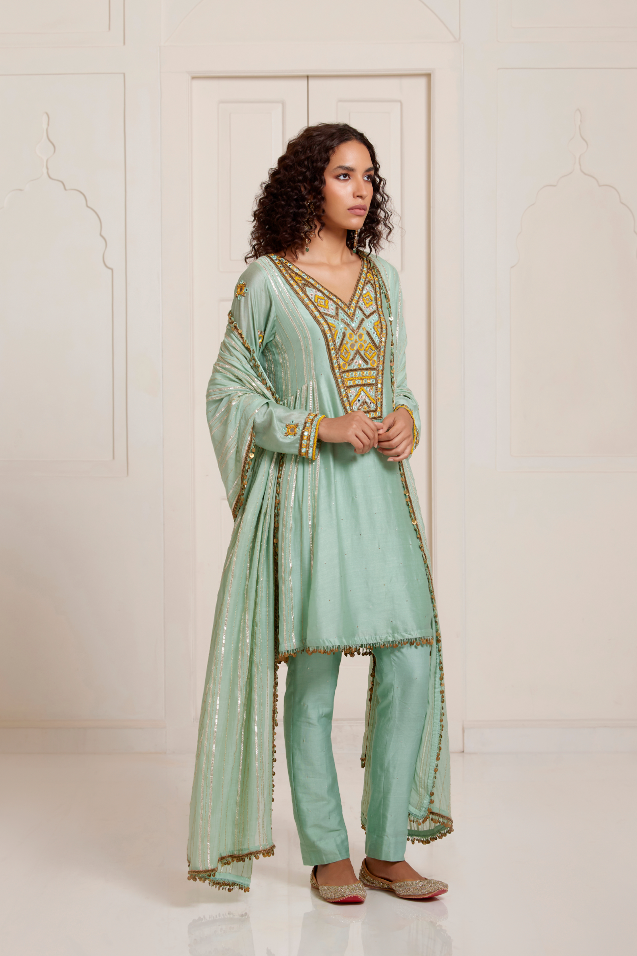 Green Embroidered Yoke Kurta