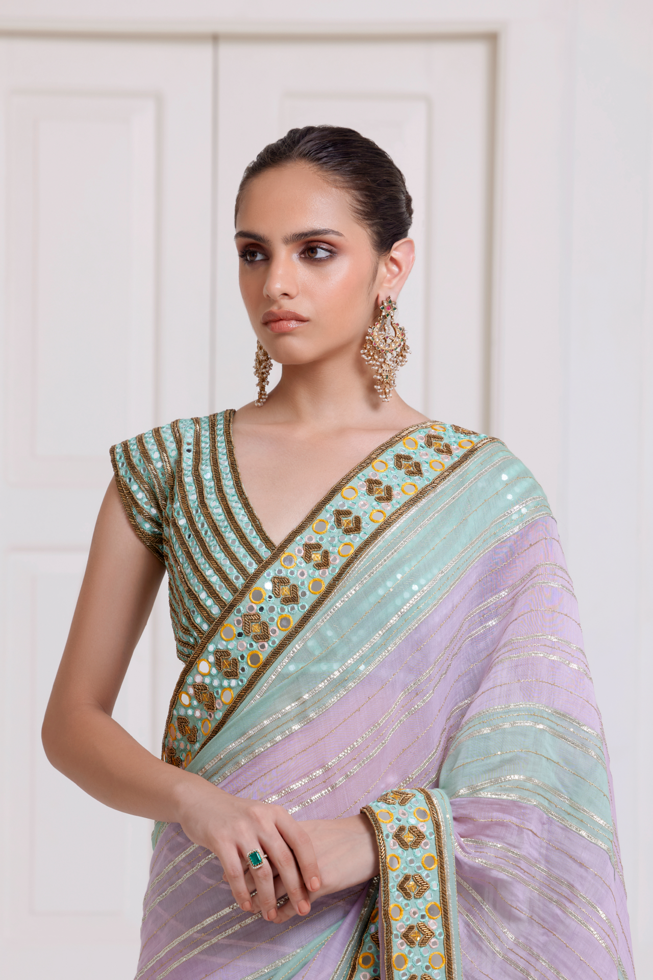 Green Mirror Embroidered Criss-Cross Choli