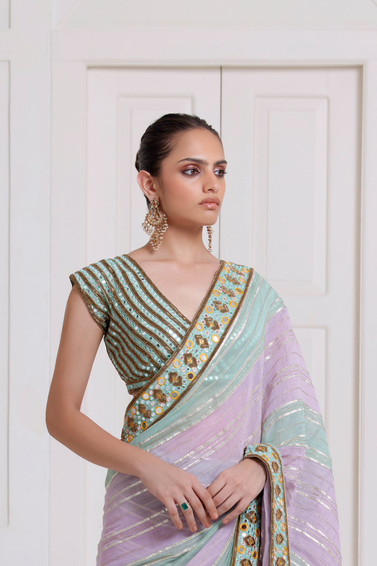 Green Mirror Embroidered Criss-Cross Choli