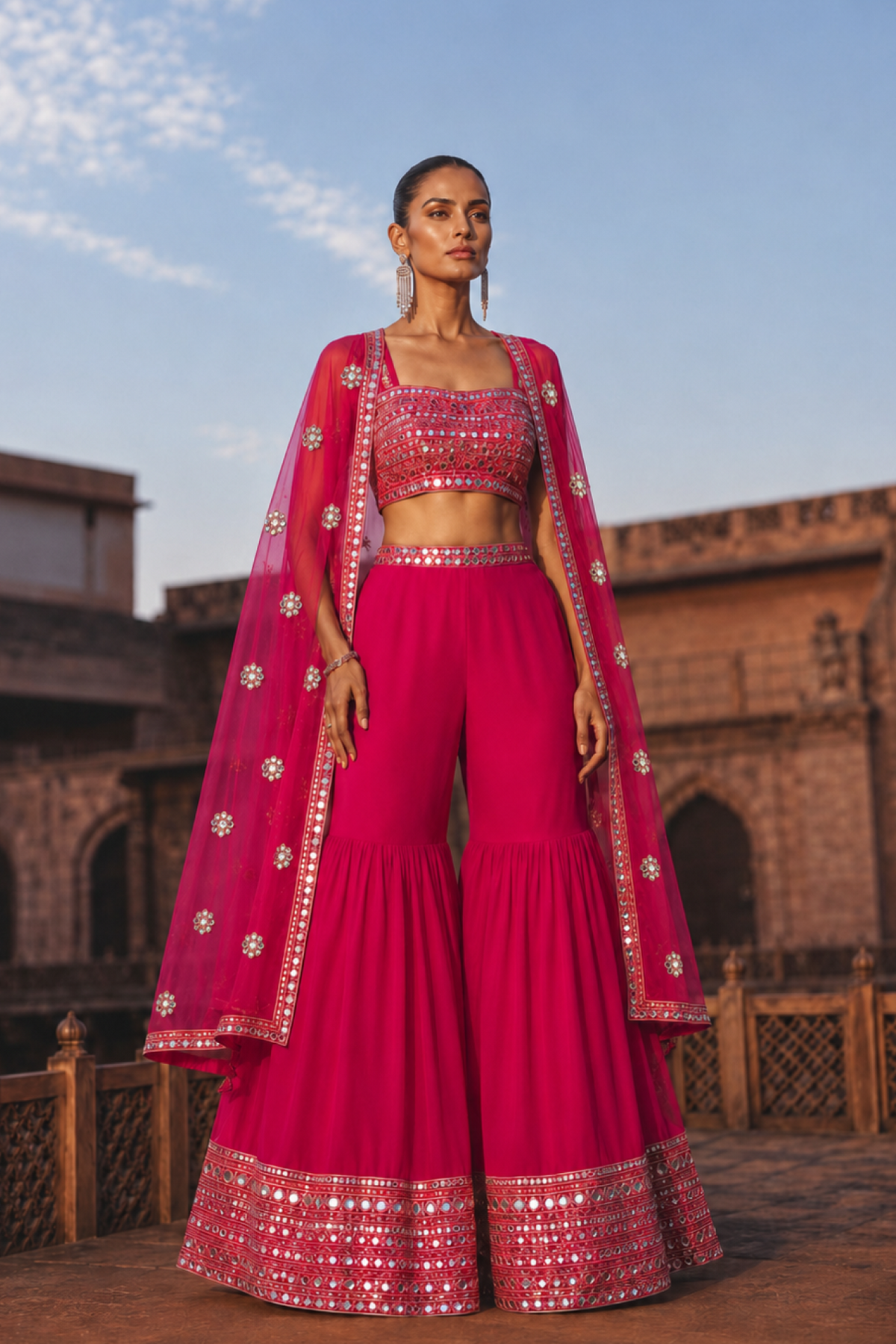Hot pink multicolour mirror-embroidered blouse with a heavily bordered sharara and matching cape.