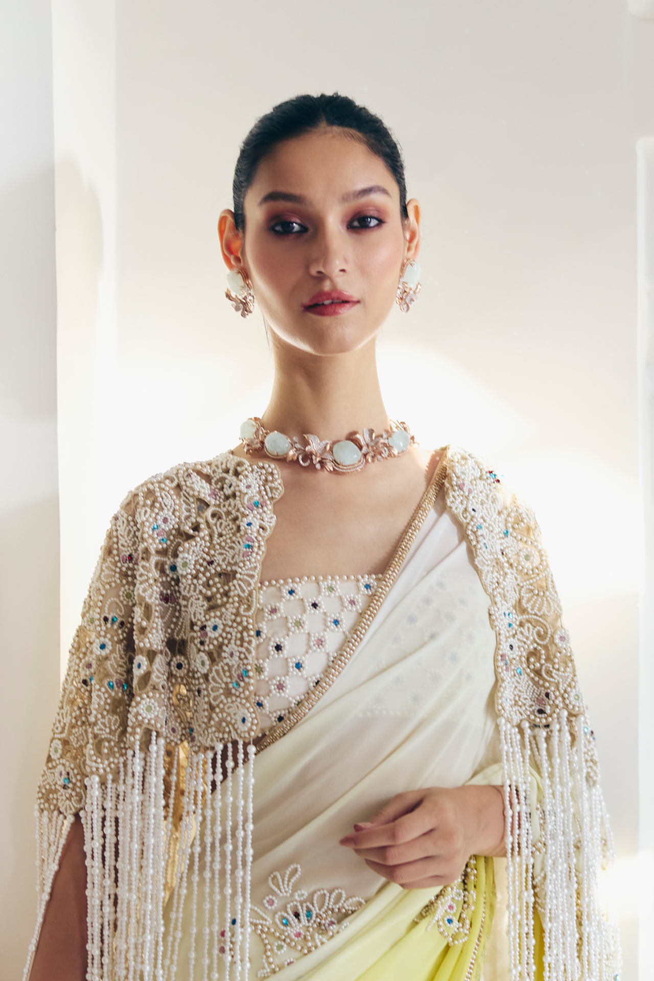 Ivory Pearl Embroidered Cape With Hanging Pearl Tassels