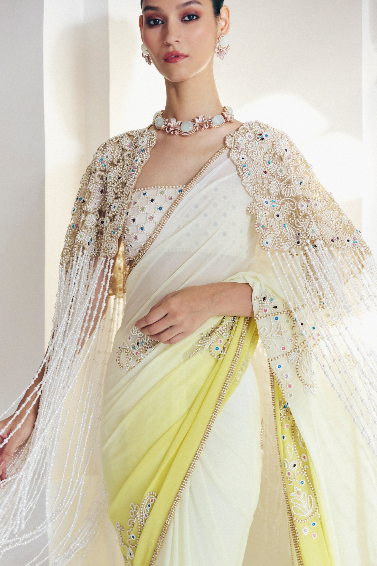 Ivory Yellow Ombre Saree With Pearl Embroidered Motifs