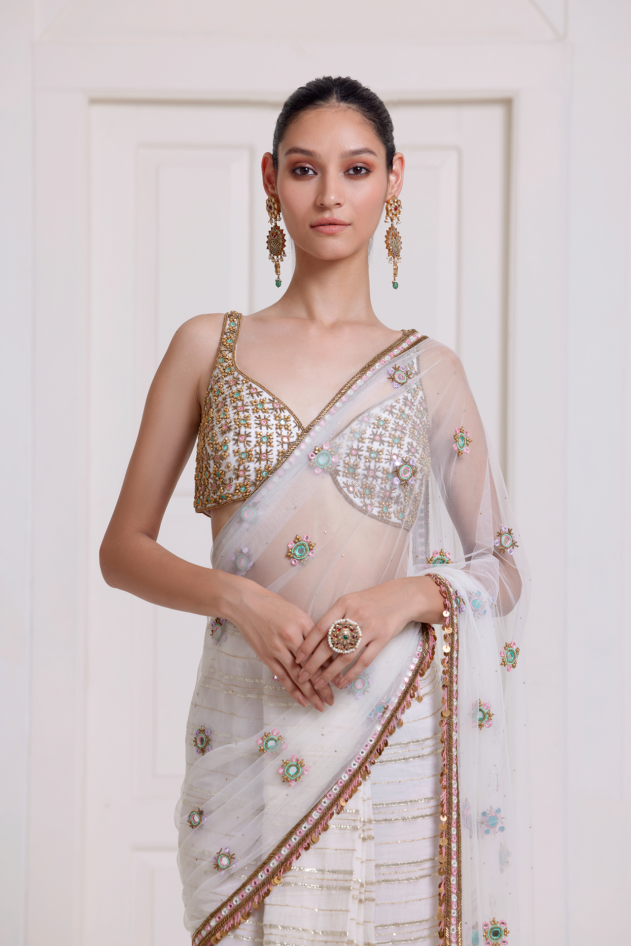 Ivory Pre-Stitched Saree with Butti Pallu