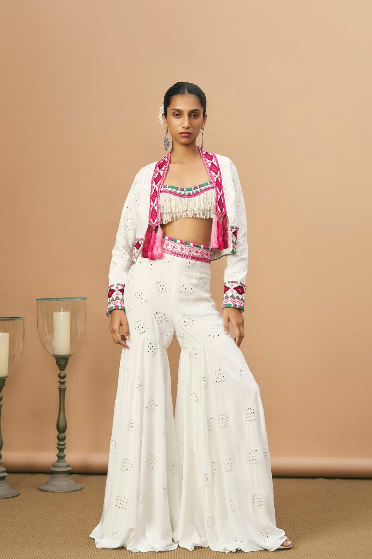 Ivory beaded tassel blouse, mirror sharara and crop jacket