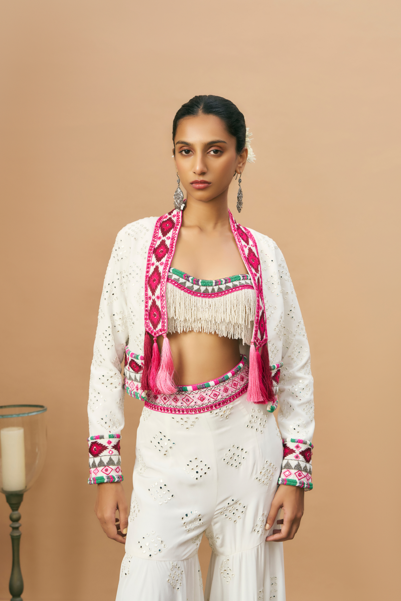 Ivory beaded tassel blouse, mirror sharara and crop jacket