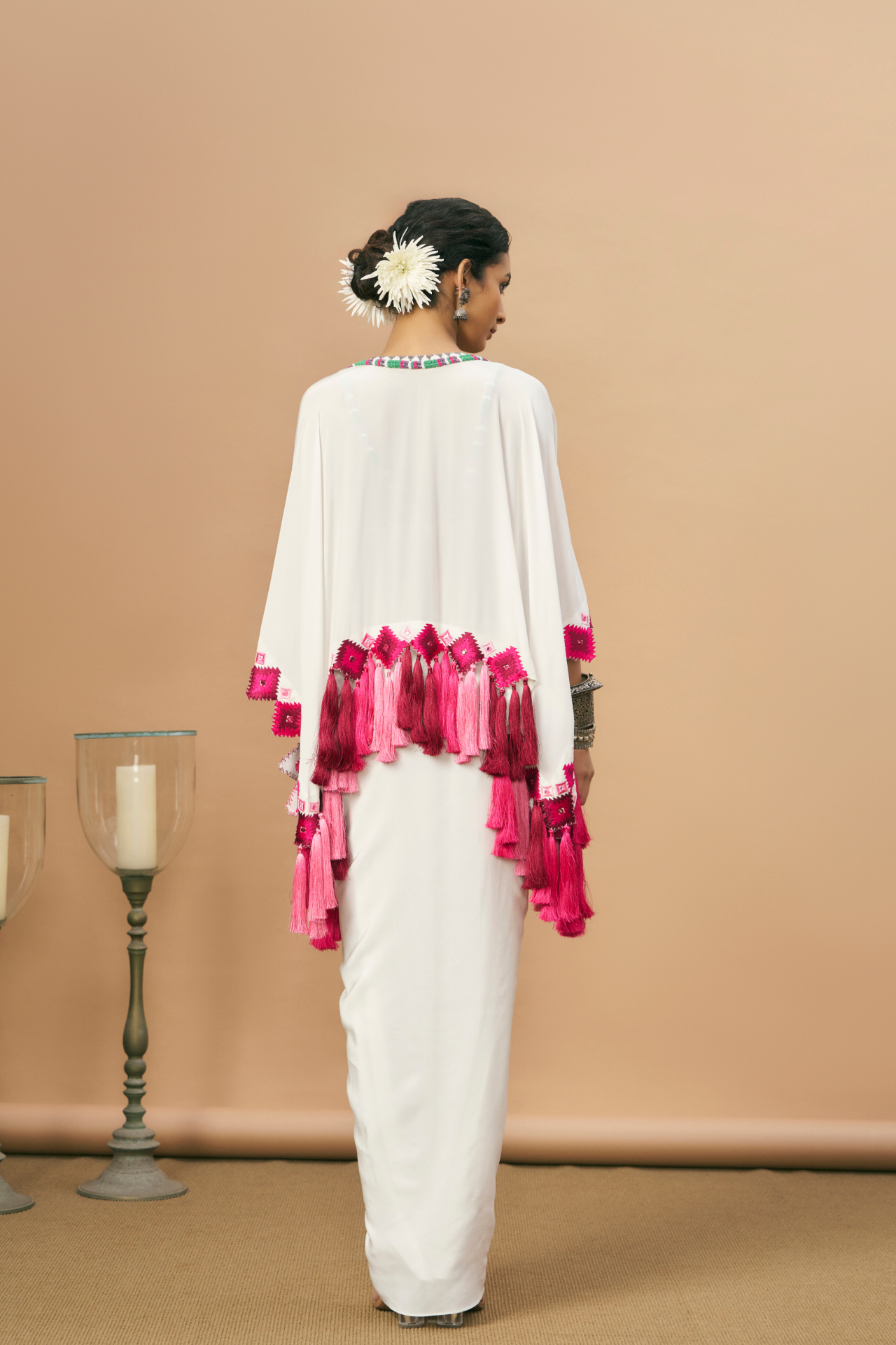 Ivory blouse, drape skirt and pink Aztec cape