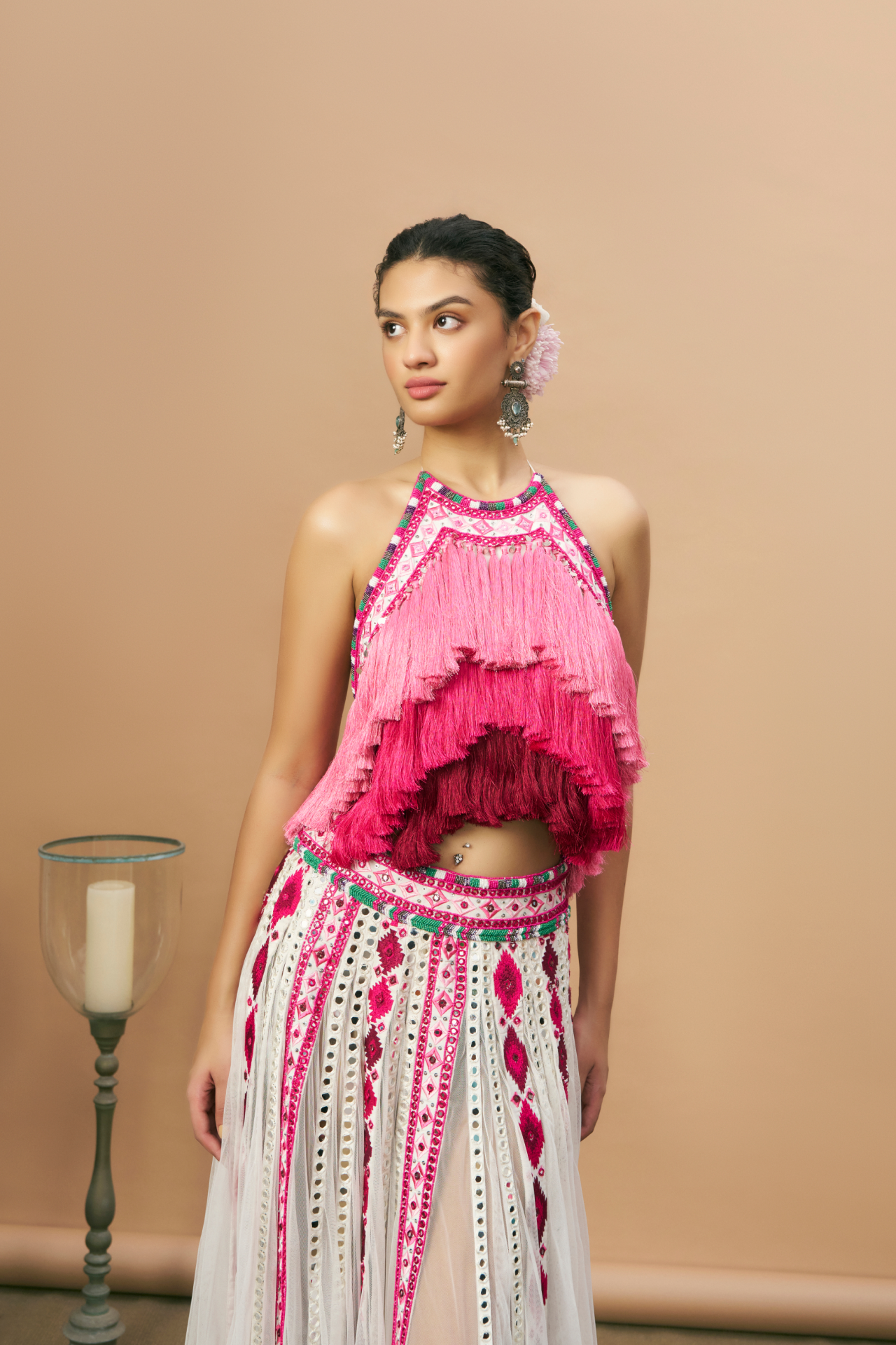 Ivory halter top and mirror skirt with pink Aztec borders