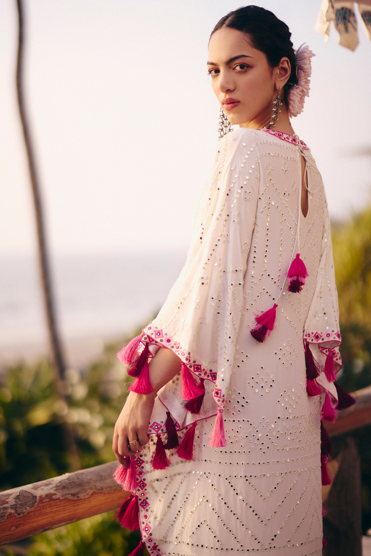 Ivory mirror kaftan with pink tassels