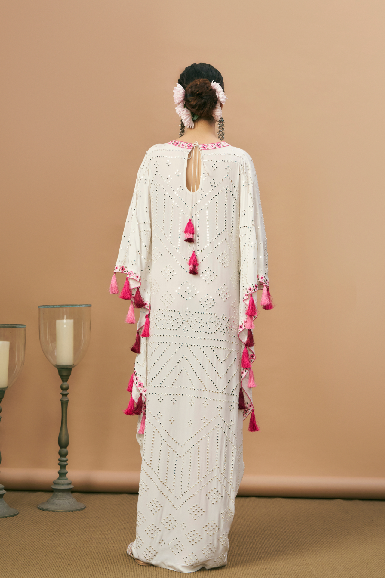 Ivory mirror kaftan with pink tassels