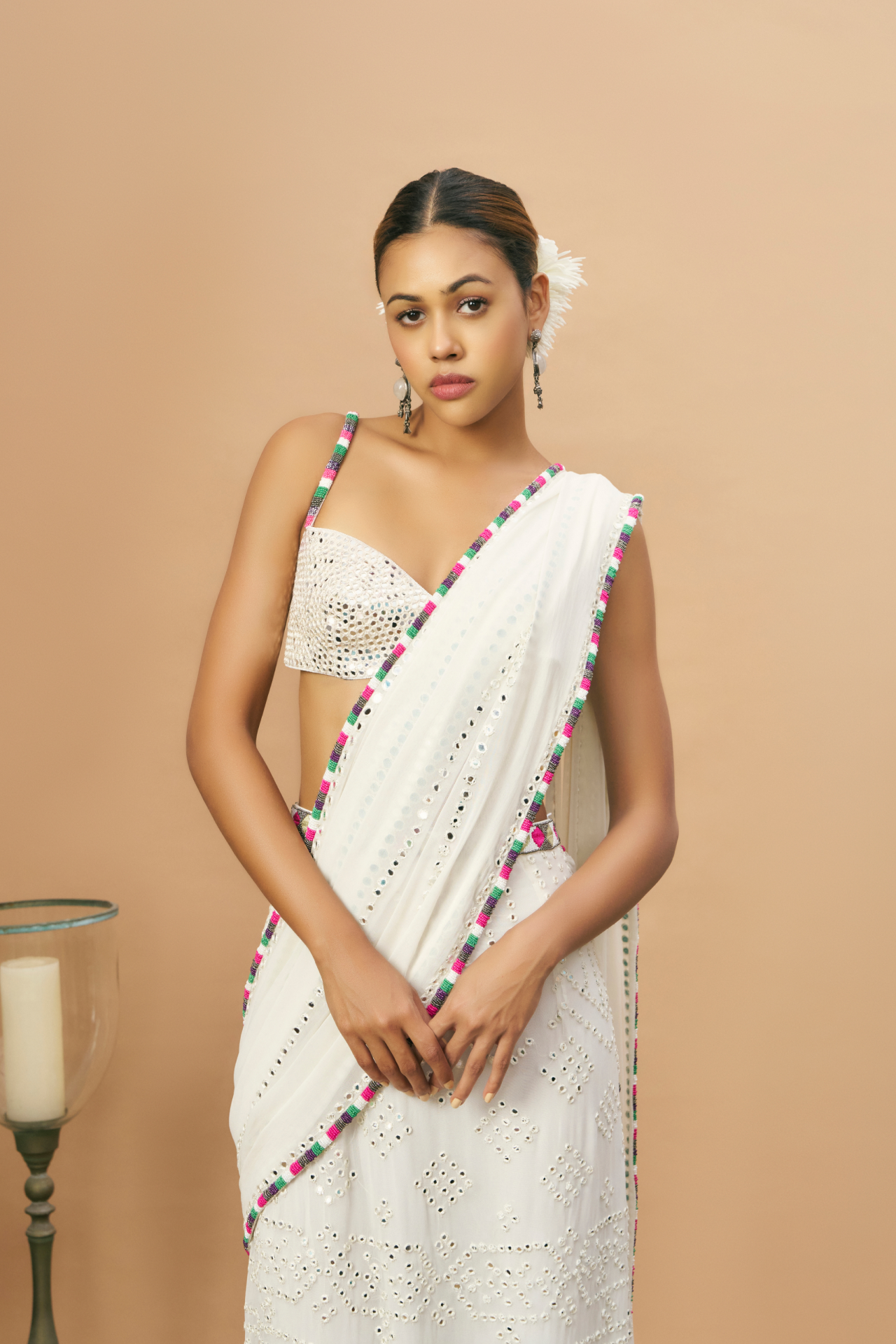 Ivory mirror pre-stitched saree with pink beaded borders