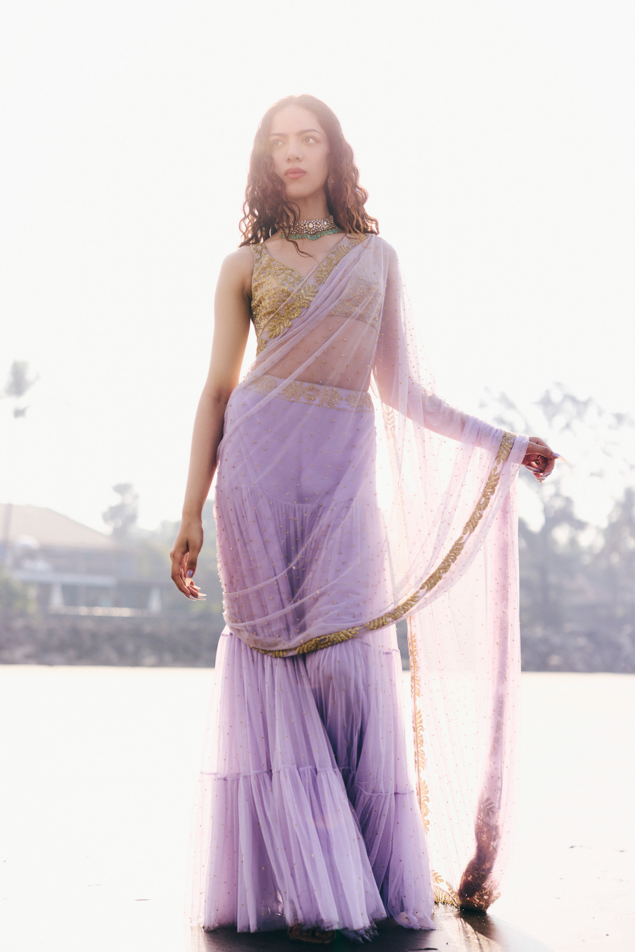 Lavender ready-tiered saree with gold cutbead embroidered blouse