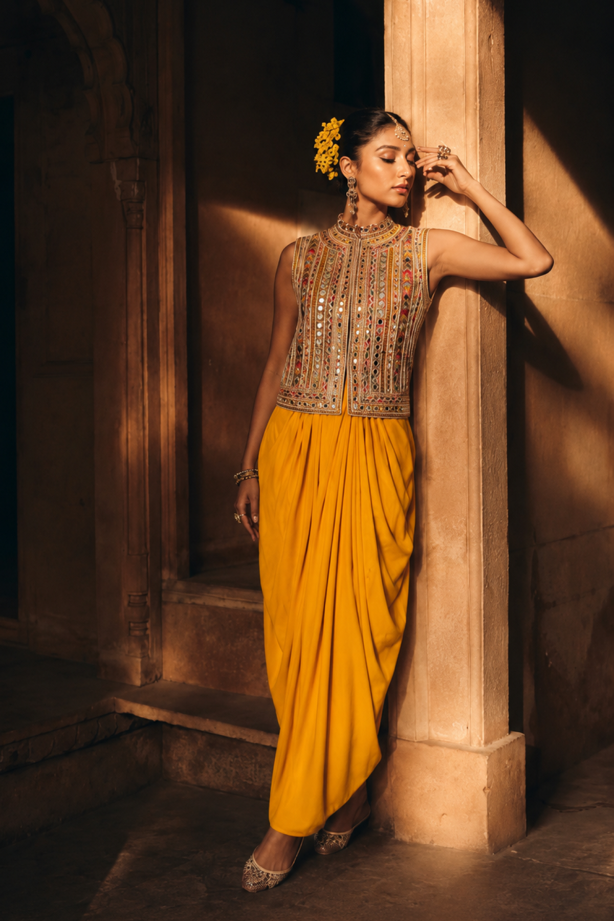 Mustard yellow multi color mirror embroidered waistcoat with drape skirt