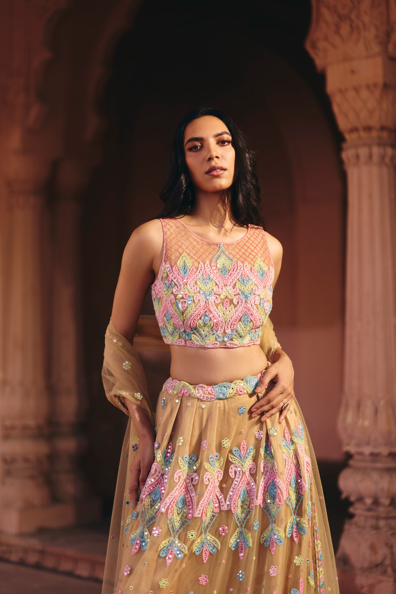 Nude multicolour mirror-embroidered blouse with a gathered skirt and matching dupatta