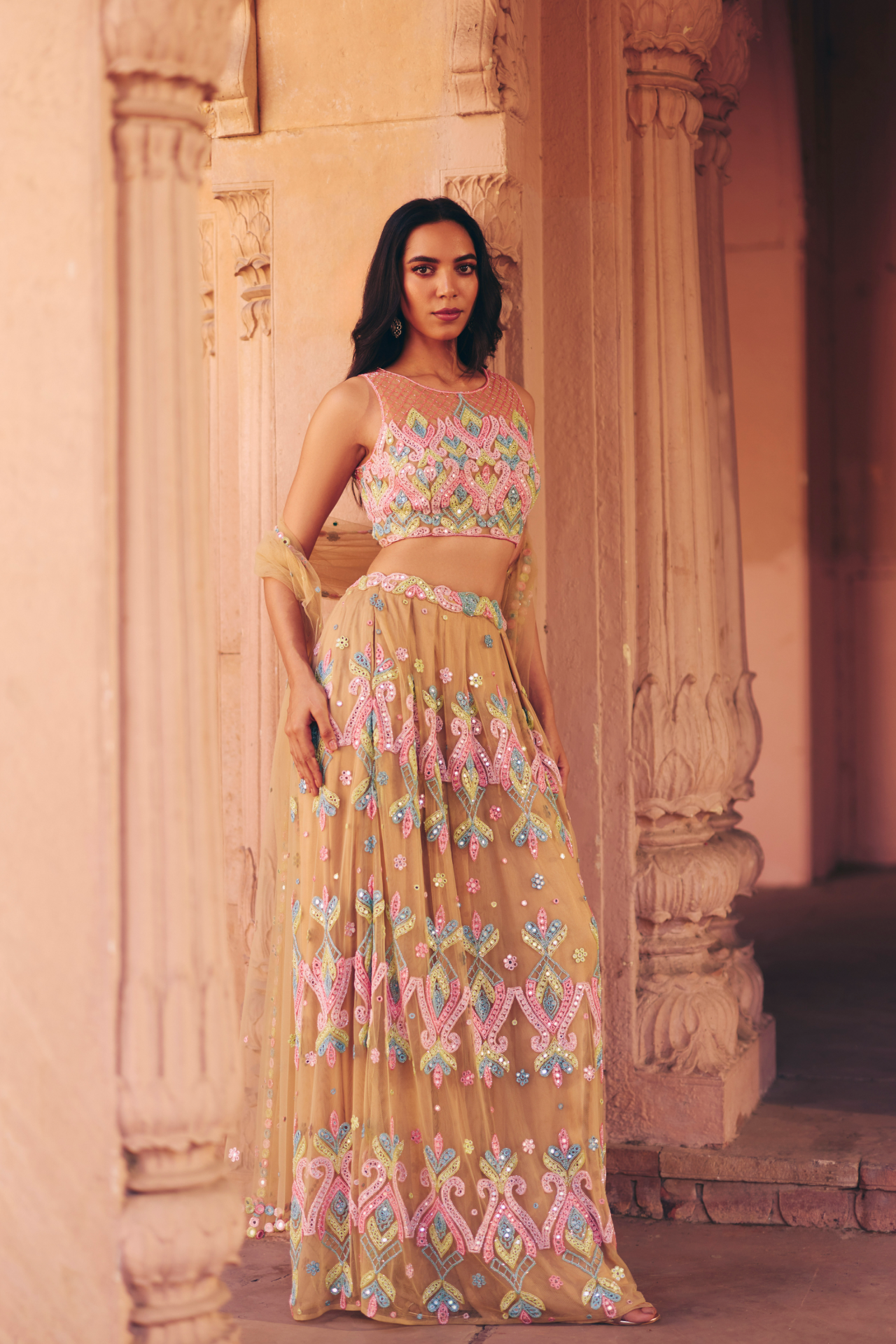Nude multicolour mirror-embroidered blouse with a gathered skirt and matching dupatta