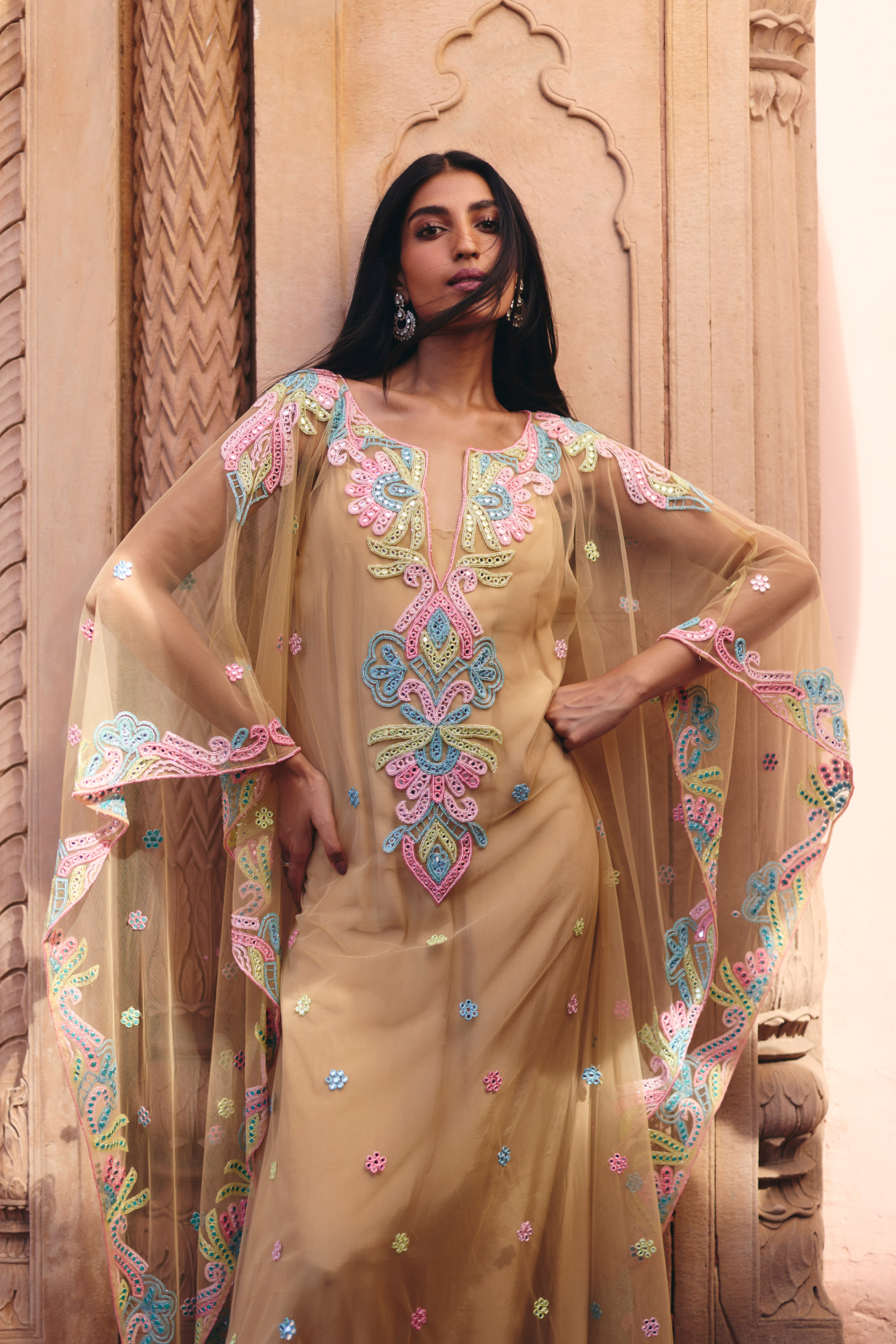 Nude multicolour mirror-embroidered flowy kaftan