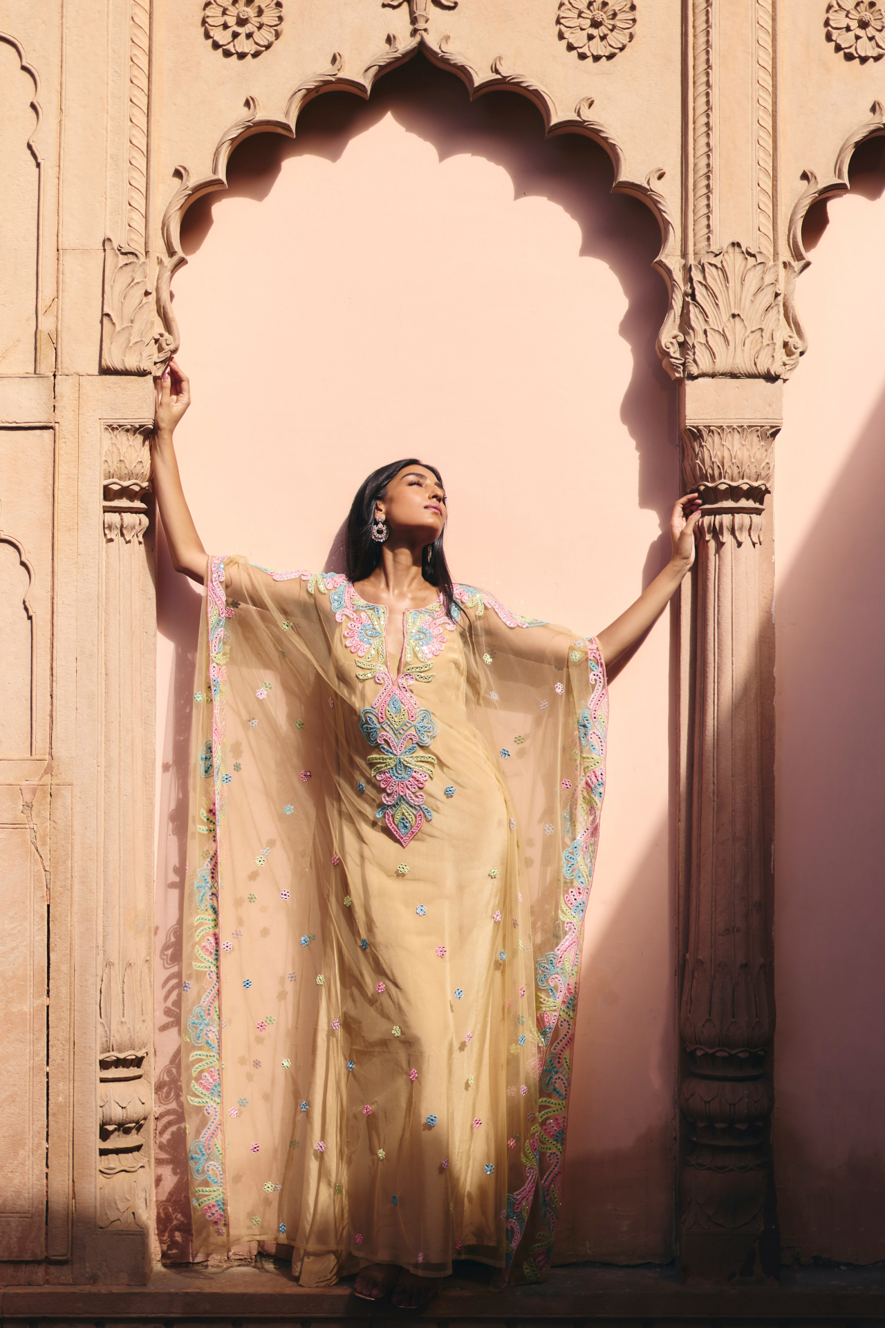 Nude multicolour mirror-embroidered flowy kaftan