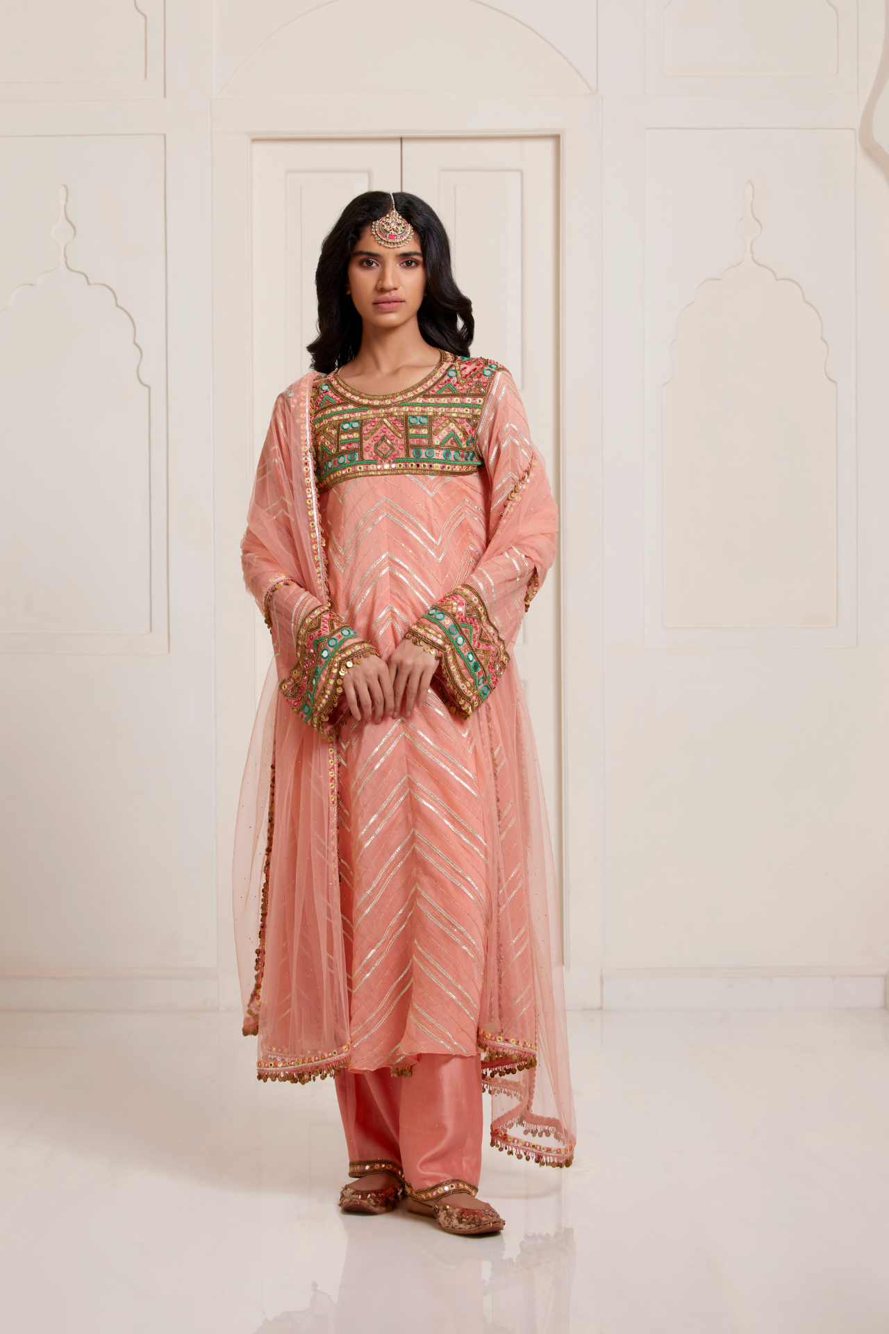 Peach Embroidered Yoke Kurta