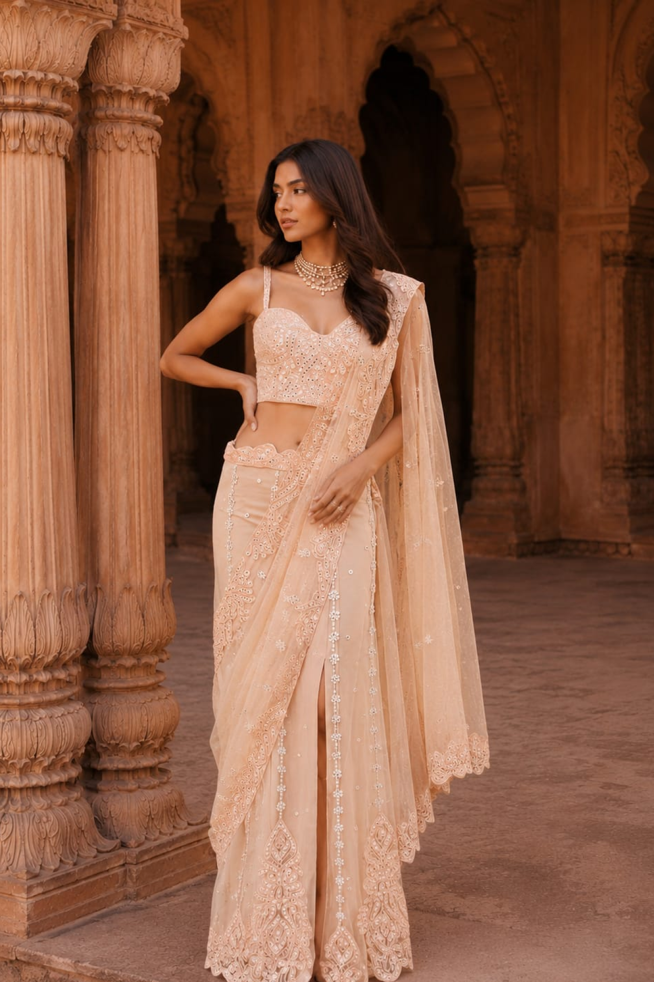 Peach mirror-embroidered strappy blouse with a pre-stitched drape saree