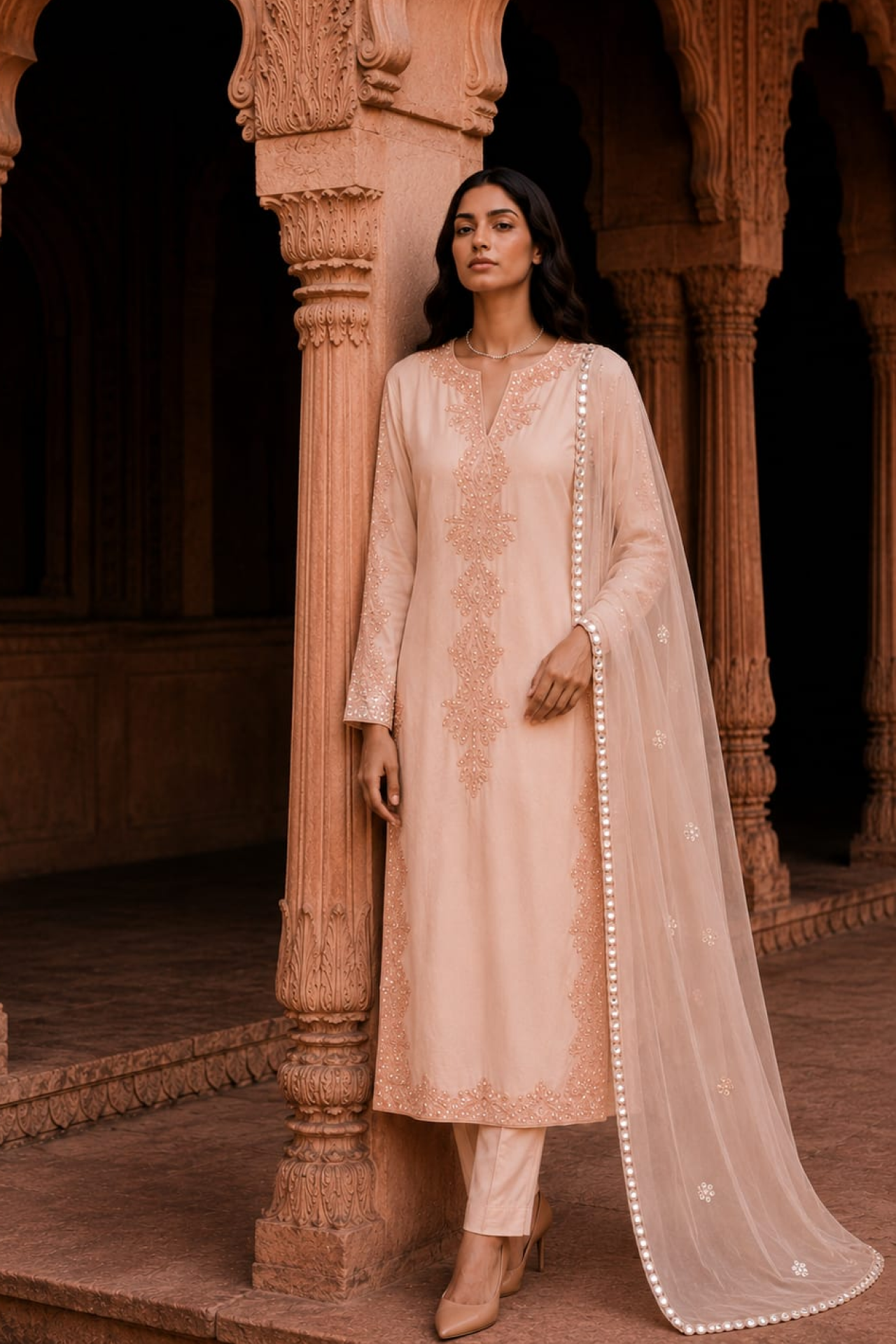 Peach mirror embroidered kurta with straight pants and dupatta