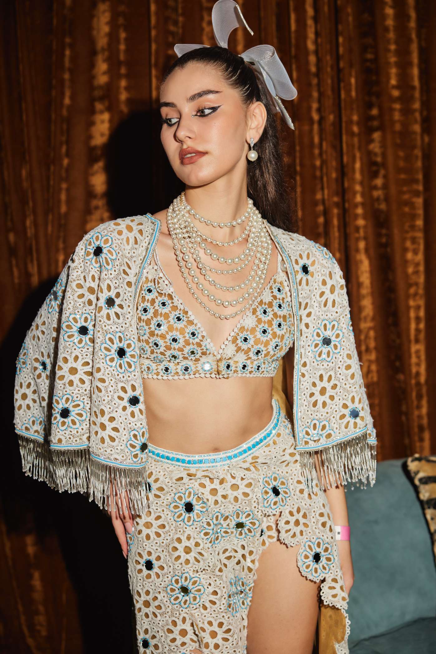 Crochet Tie Up
Crop With Turquoise
Beads, Mirrors And Pearls